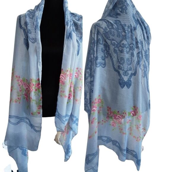 Silky Sheer Scarf 100% Viscose Blues/Pinks 70" x 36" - Picture 5 of 6